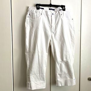White, lightly distressed, denim capris